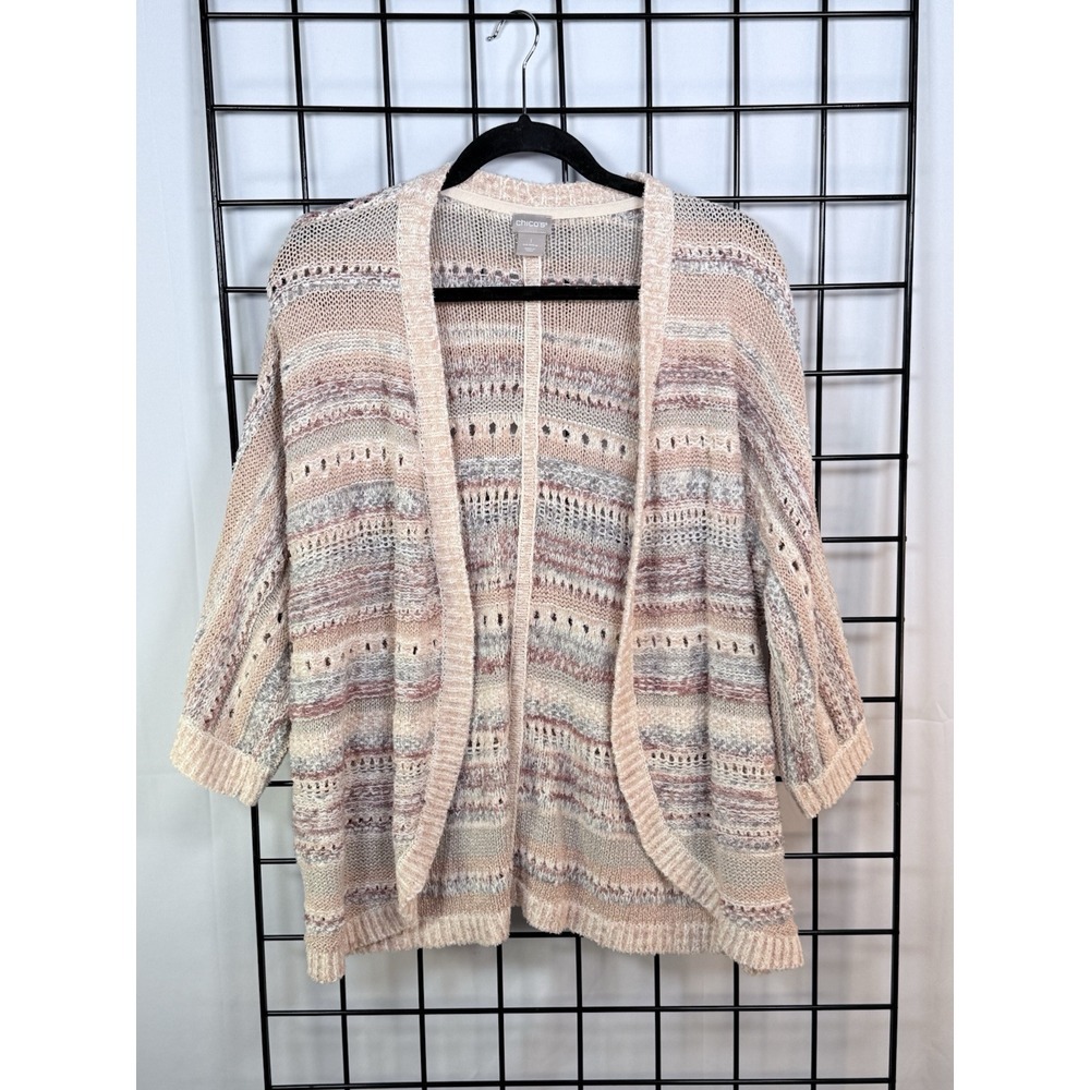 Chico's Striped Mixed-Yarn Cocoon Cardigan Womens M Cream Open Frontโ Curved Hem